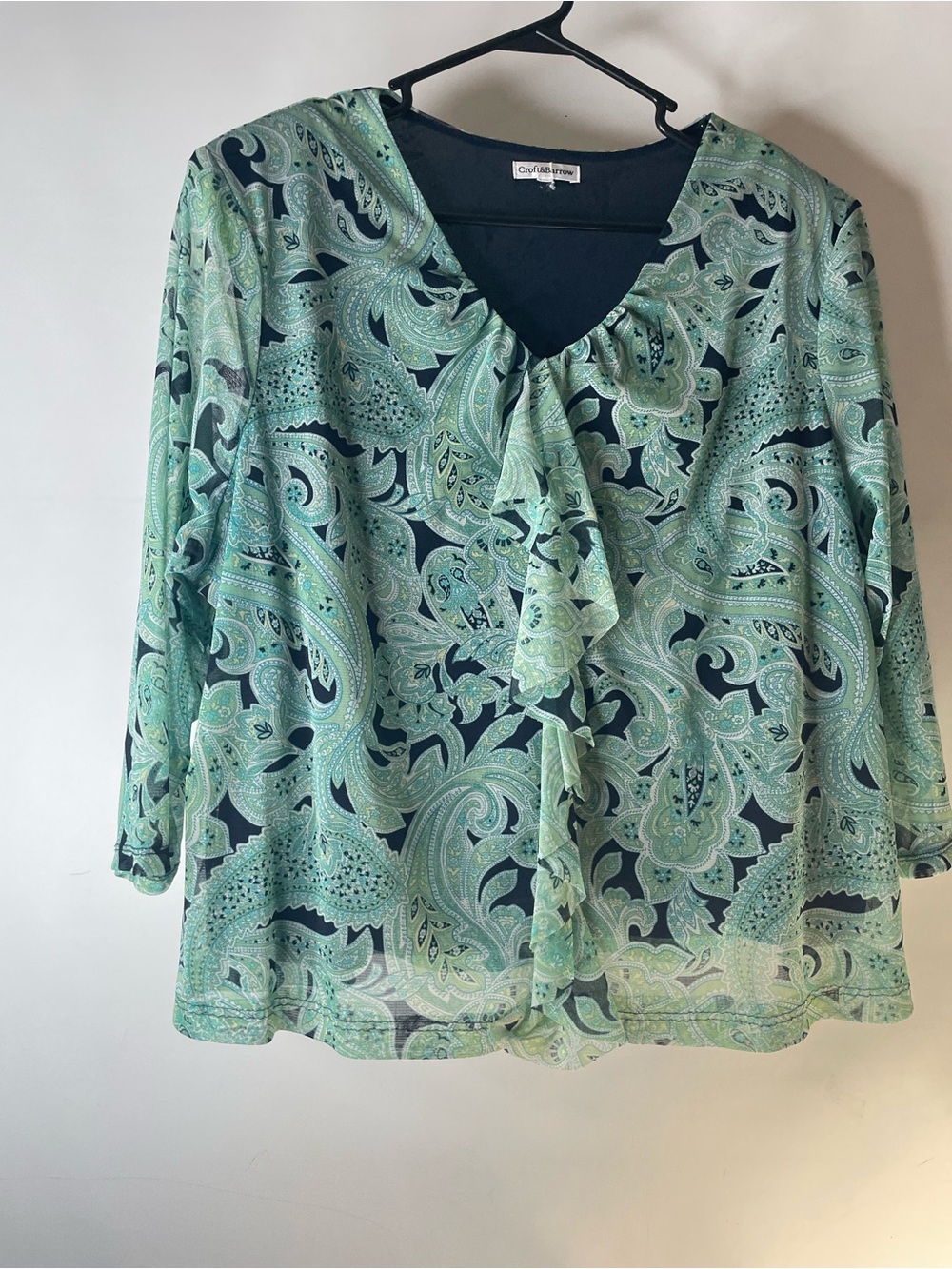 Croft And Barrow Mint Paisley Tie-Neck Blouse Size Lg
